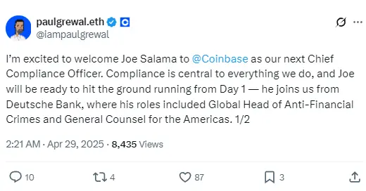 Joe Salama 将加入 Coinbase 担任首席合规官