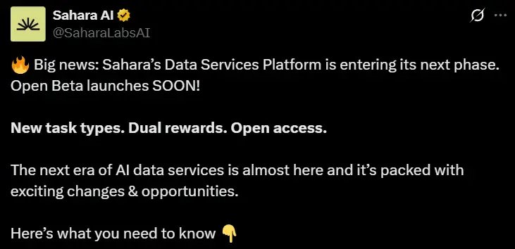 Sahara AI データサービスプラットフォームは、パブリックベータ版を公開します。