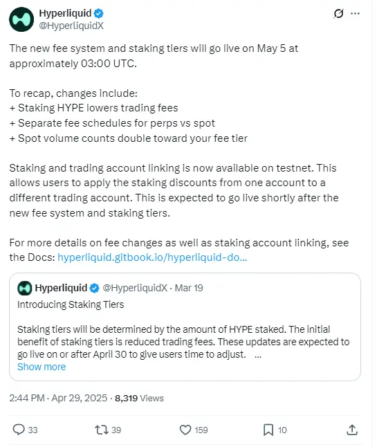 Hyperliquid는 5월 5일 새로운 수수료 시스템과 스테이킹 레벨이 출시된다고 발표했습니다