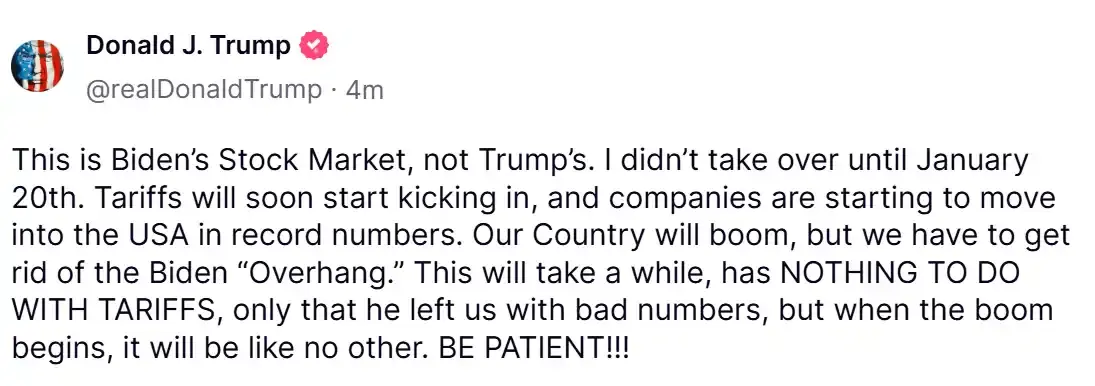 트럼프, 미국 1분기 GDP 마이너스 성장 평가: "이것은 바이든의 주식시장, 관세 정책이 번영을 가져올 것"