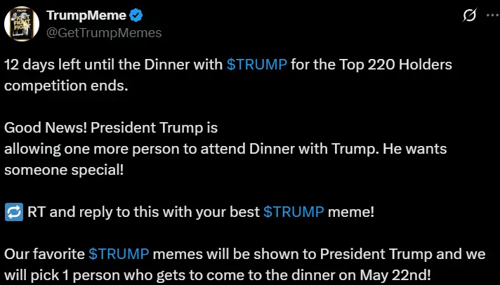 TRUMP 만찬에 1명의 자리가 추가되며, 최고의 Meme 이모티콘 제작자가 초대될 수 있습니다
