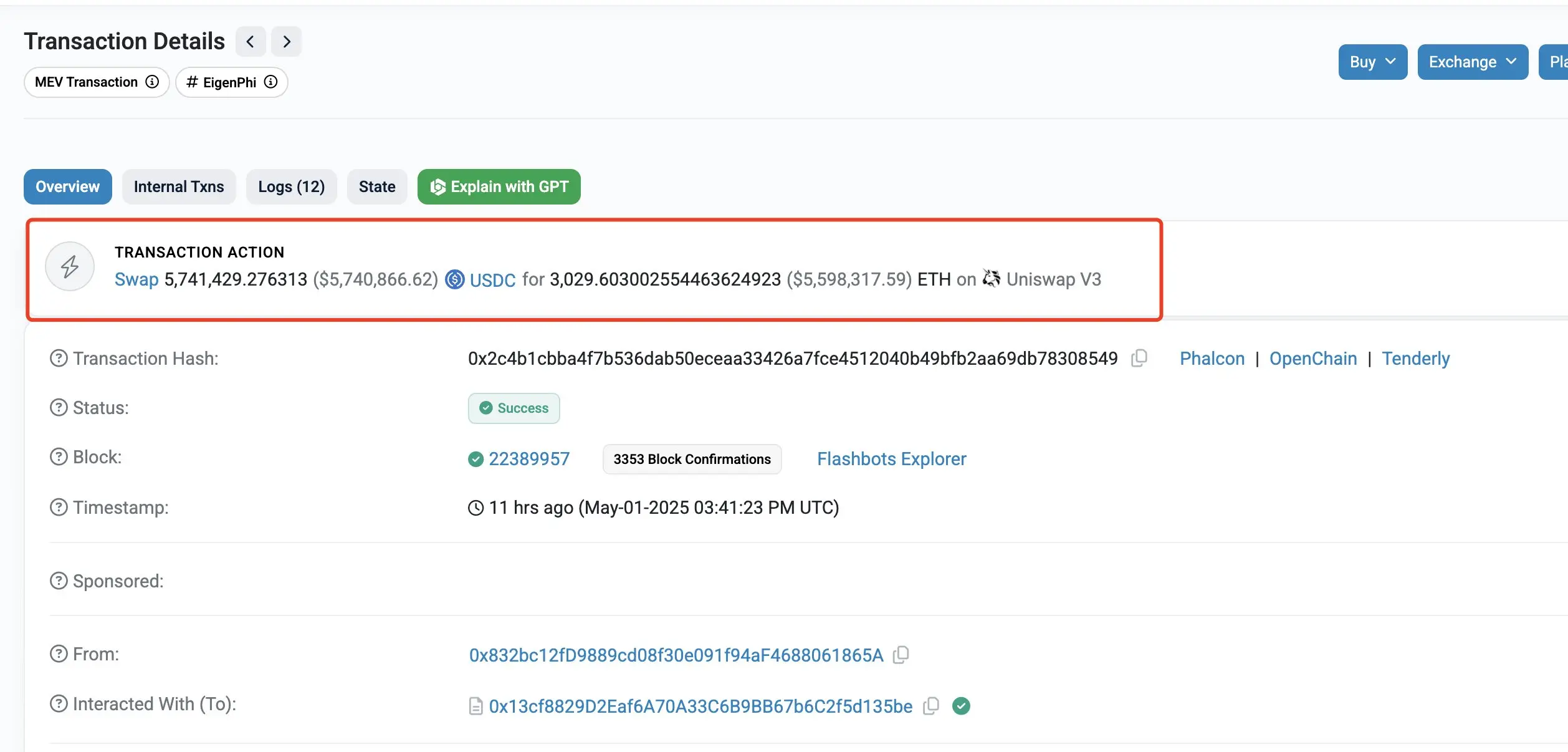 データ：あるETHバンドの巨鯨が11時間前に3029枚以上のETHを購入し、現在の浮損は14.2万ドルです。