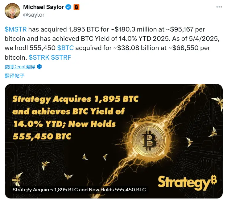 Strategy 斥資 1.803 億美元增持 1895 枚 BTC