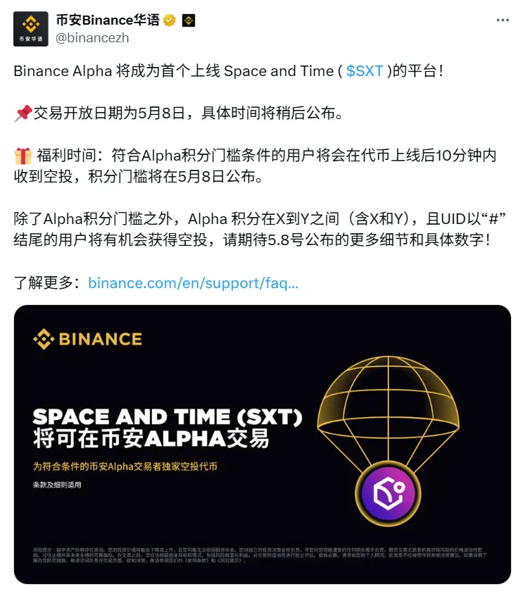 Binance Alpha는 Space and Time(SXT)를 상장하고, 자격이 있는 사용자에게 에어드롭을 진행합니다