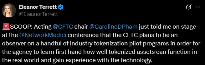 The U.S. CFTC plans to participate as an observer in multiple industry tokenization pilot projects