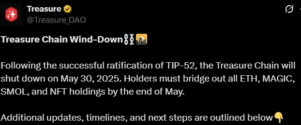 Treasure Chain will close on May 30, and users need to withdraw their assets in advance