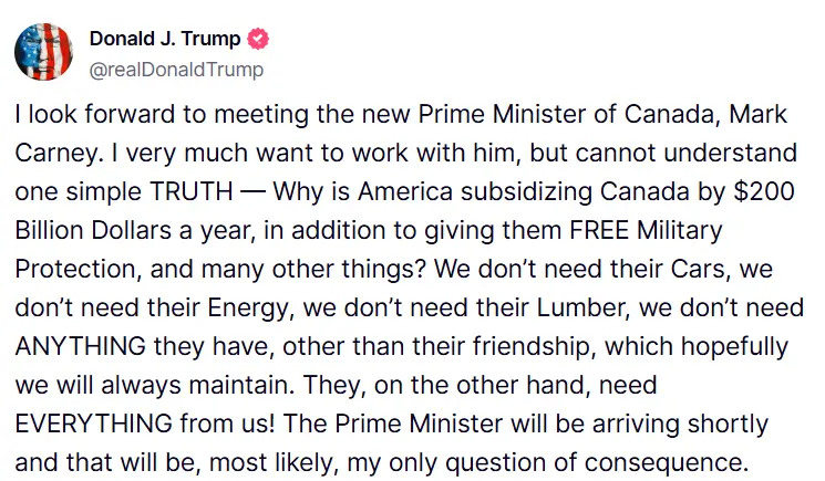 트럼프: 미국은 매년 2000억 달러를 캐나다에 보조금으로 지출해야 한다