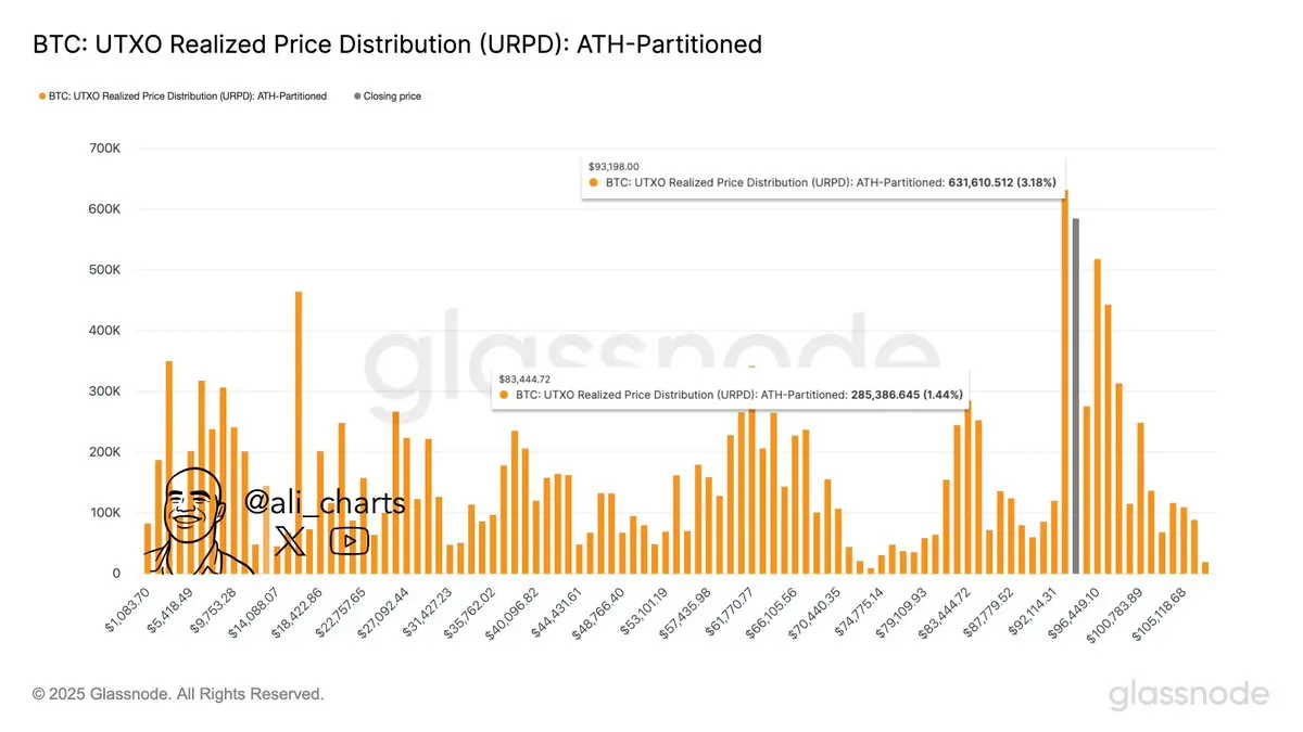 分析师：比特币关键支撑位为 93,198 美元，若跌破需关注 83,444 美元