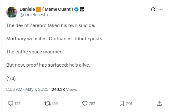 开发者 Daniele：Zerebro 创始人精心策划了一场"伪死退出"计划