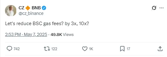 赵長鵬はBSCチェーン上のガス料金を引き下げることを提案しました。
