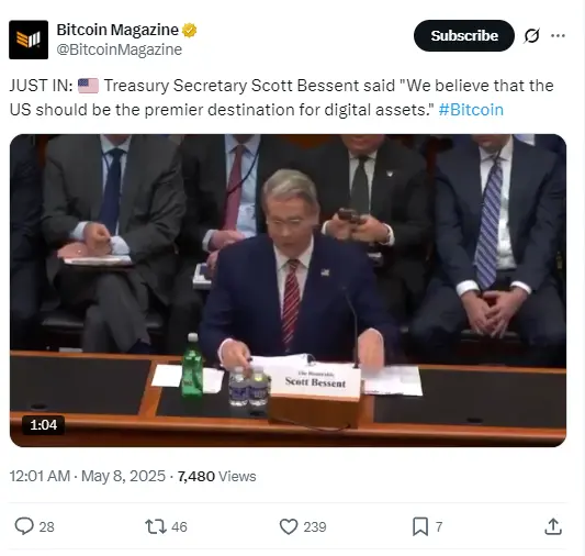 美国财政部长：美国应成为数字资产的首选目的地