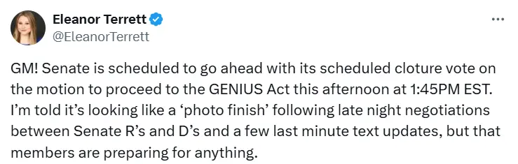 美国参议院将对稳定币监管法案进行程序性表决