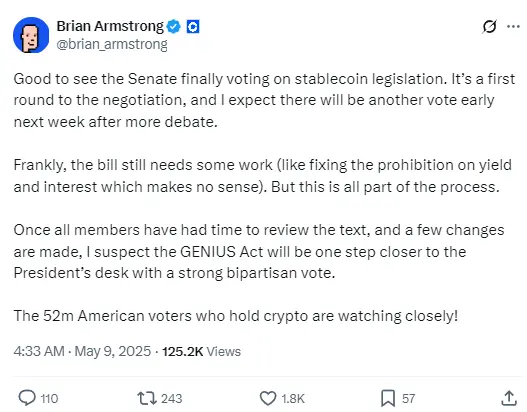 Coinbase CEO 称《GENIUS 法案》仍需修改，预计下周初将进行新一轮投票