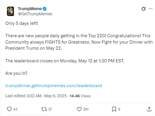 TRUMP 晚宴排行榜将于 5 月 12 日锁定，第 220 名加权持仓约 3114 枚代币