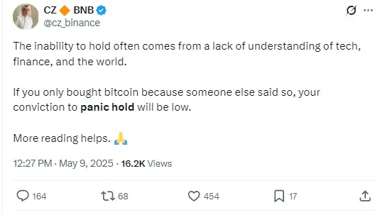 Zhao Changpeng stated that the lack of confidence in holding coins stems from a deficiency in understanding technology and finance, and he suggested that investors read more relevant materials to strengthen their beliefs
