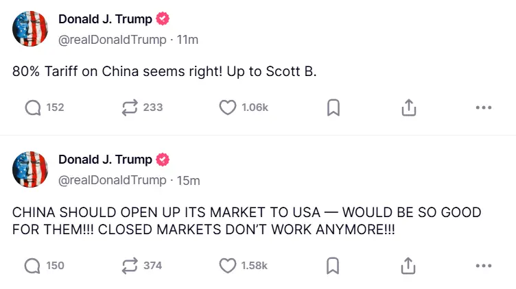 트럼프: 중국은 미국에 시장을 개방해야 하며, 중국에 80%의 관세를 부과하는 것이 옳은 것처럼 보인다