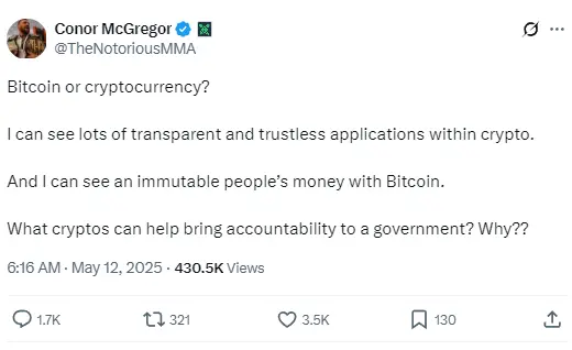 Former UFC Champion: BTC is an immutable people's currency