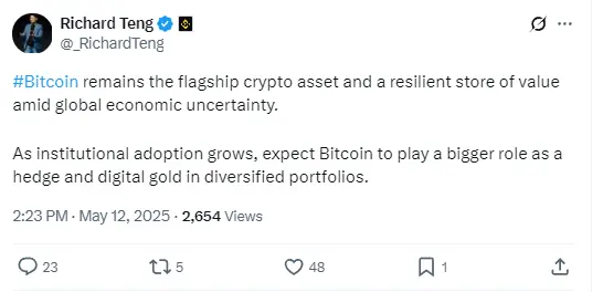 バイナンス CEO：機関投資家の採用がビットコインの「デジタルゴールド」としてのヘッジ特性を強化する