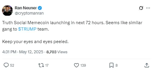 関係者：トランプ氏の会社Truth Socialのトークンが72時間以内に発行される予定です。