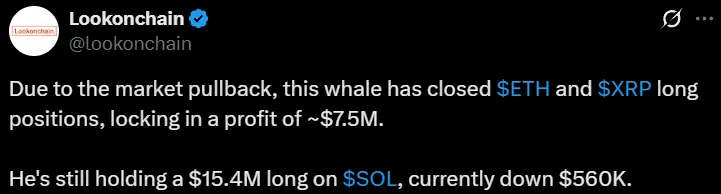 데이터: 어떤 고래가 ETH와 XRP의 매수 포지션을 청산하여 750만 달러의 이익을 얻음