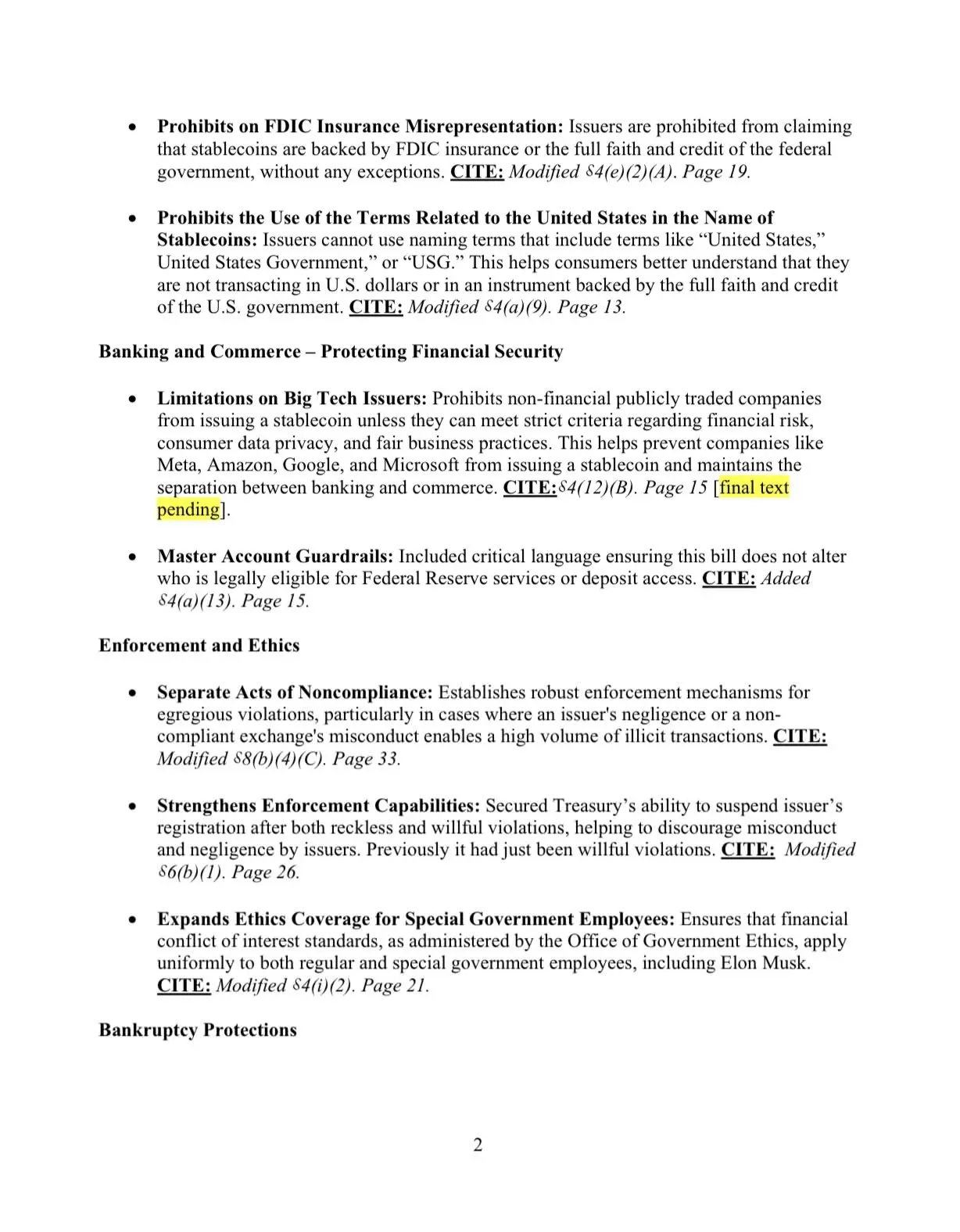 GENIUS 法案修正案禁止非金融上市公司发行稳定币，限制大型科技公司金融扩张