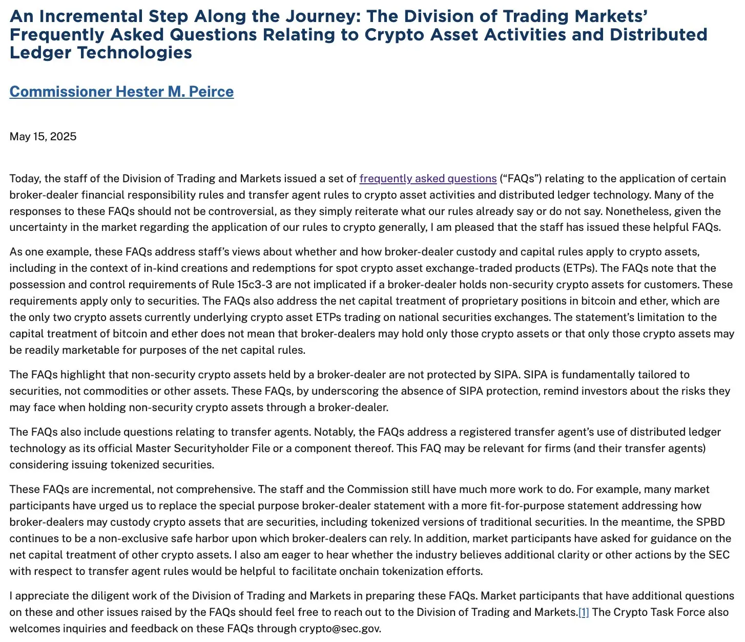 美 SEC 發佈加密資產活動常見問題解答，包含經紀商及 ETP 等規則