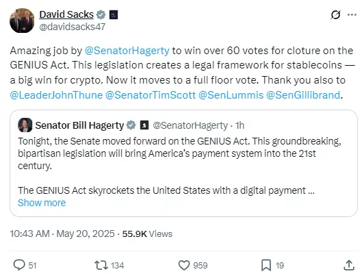 Cryptocurrency Tsar David Sacks: The passage of the "GENIUS Act" through procedural motion is a major victory for the cryptocurrency sector
