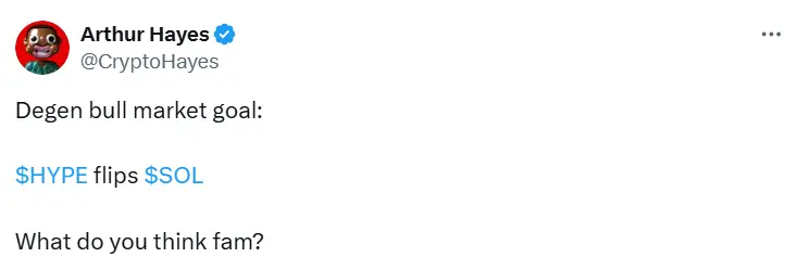 アーサー・ヘイズ：今回のブルマーケットの目標はHYPEがSOLを超えることかもしれない。