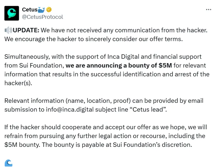 Cetus offers a reward of 5 million dollars for clues related to hackers