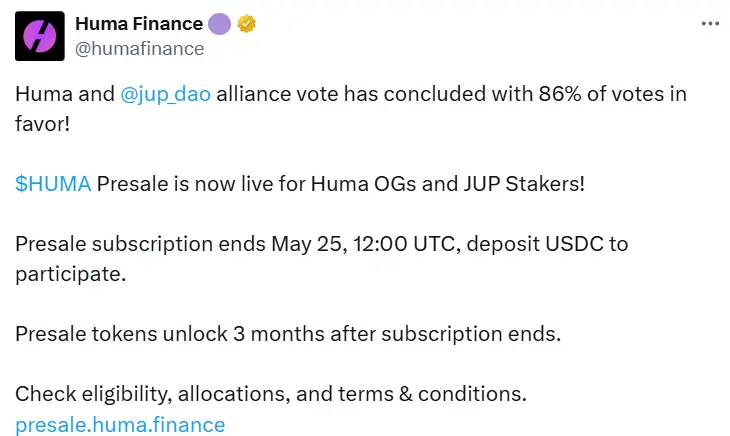 HUMA 토큰 프리세일이 Huma OG와 JUP Staker에게 열렸습니다