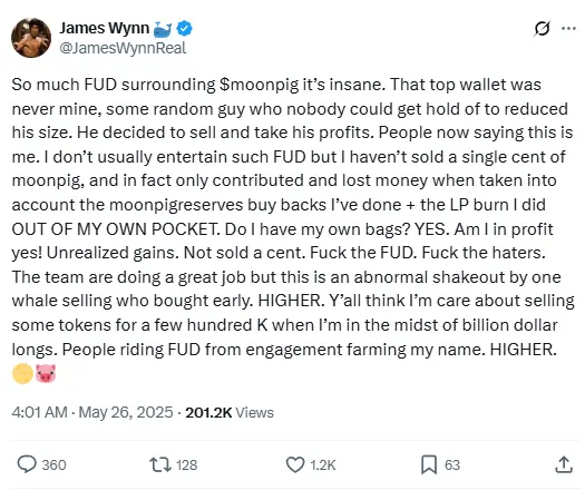 거대한 고래 제임스 윈: 나는 moonpig를 매도하지 않았으며, 누군가 내 이름을 이용해 FUD를 조장하고 있다