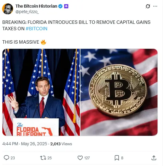 市場のニュース：フロリダ州が法案を提出し、ビットコインのキャピタルゲイン税を廃止することを提案しています。