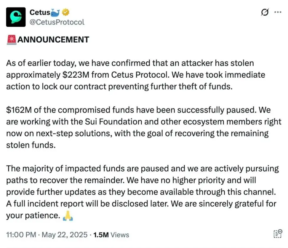 Slow Fog: Analysis of the Cetus Theft Incident, 1 Token Leveraged 230 Million USD, SUI Foundation Assists in Freezing 162 Million
