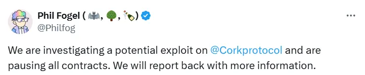 Cork Protocol 共同創設者：脆弱性を調査中、すべての契約は一時停止中です。