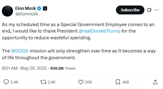 马斯克宣布即将离开特朗普政府