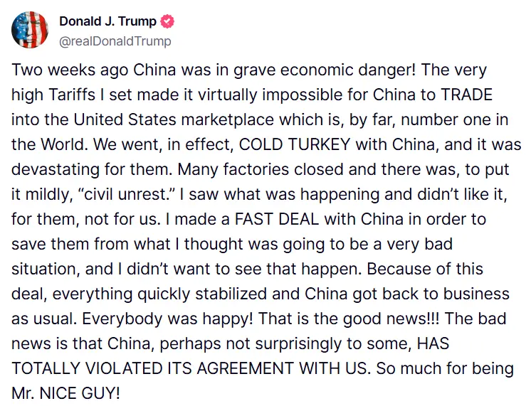 Trump: China "completely violated" trade agreement, expresses disappointment in his "good guy" role
