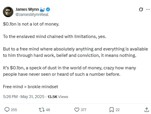 Giant Whale James Wynn: 100 million dollars is not a lot of money, free will is more important than a poverty mindset