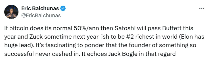 Bloomberg analysts: If BTC maintains a 50% annual increase, this year Satoshi Nakamoto's wealth will surpass Buffett's