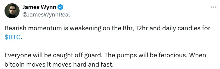 James Wynn：BTC 看跌动能正在减弱，强劲反弹即将到来