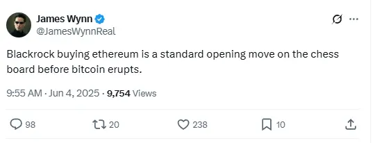 巨鯨 James Wynn：BlackRock がイーサリアムを購入するのはビットコインの爆発前の「標準的なスタート」