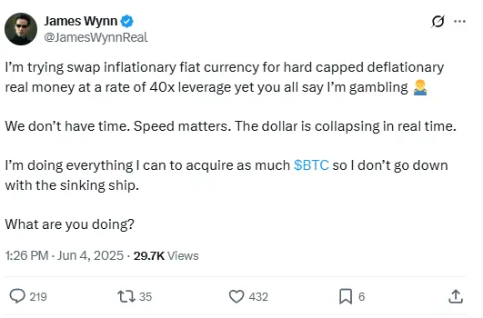 James Wynn：40 倍杠杆做多 BTC 并非赌博，而是为了在美元崩溃前获得更多 BTC
