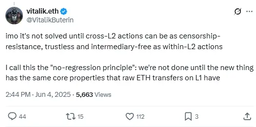 Vitalik: L2 cross-chain needs to achieve L1 level censorship resistance, trustlessness, and no intermediaries