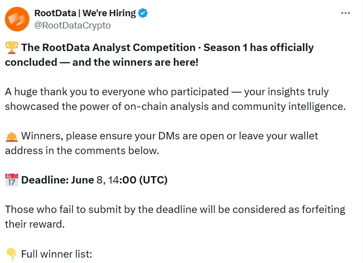 The first season of the RootData on-chain analyst competition has concluded, and the list of winners has been announced
