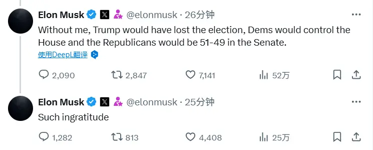 Musk: Trump is so ungrateful; he would have lost the election without me