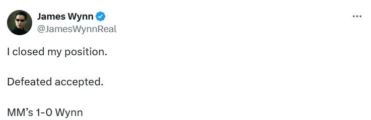 ジェームズ・ウィン：私はポジションを閉じて失敗を受け入れ、悪のマーケットメーカーが1対0で勝利した。