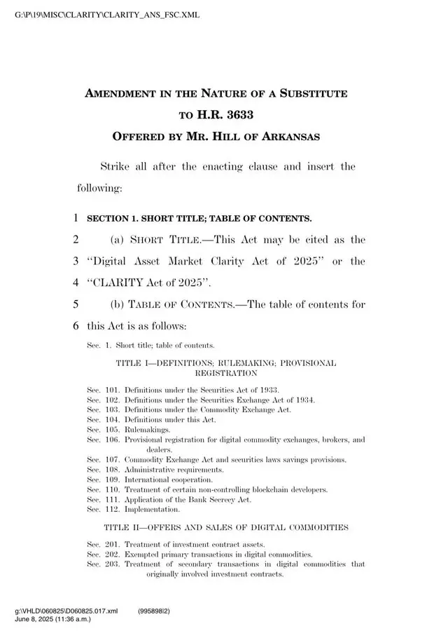 Eleanor Terrett：CLARITY 法案的“替代性修正案”已发布