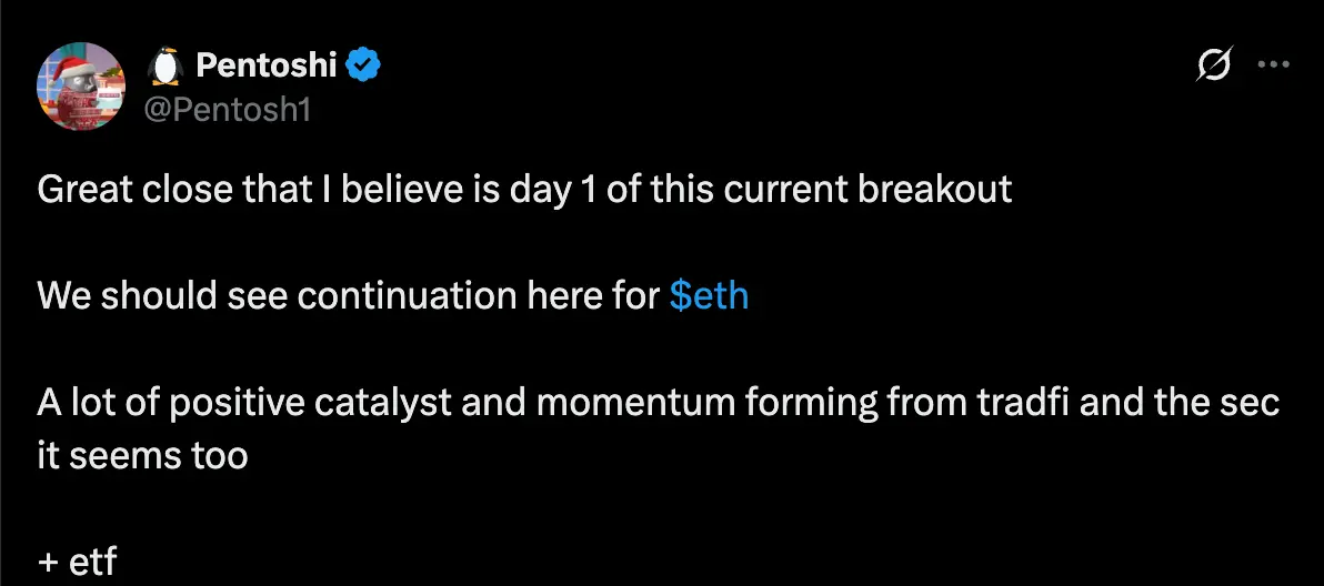 Trader Pentoshi: I believe today is the first day of ETH's breakthrough行情