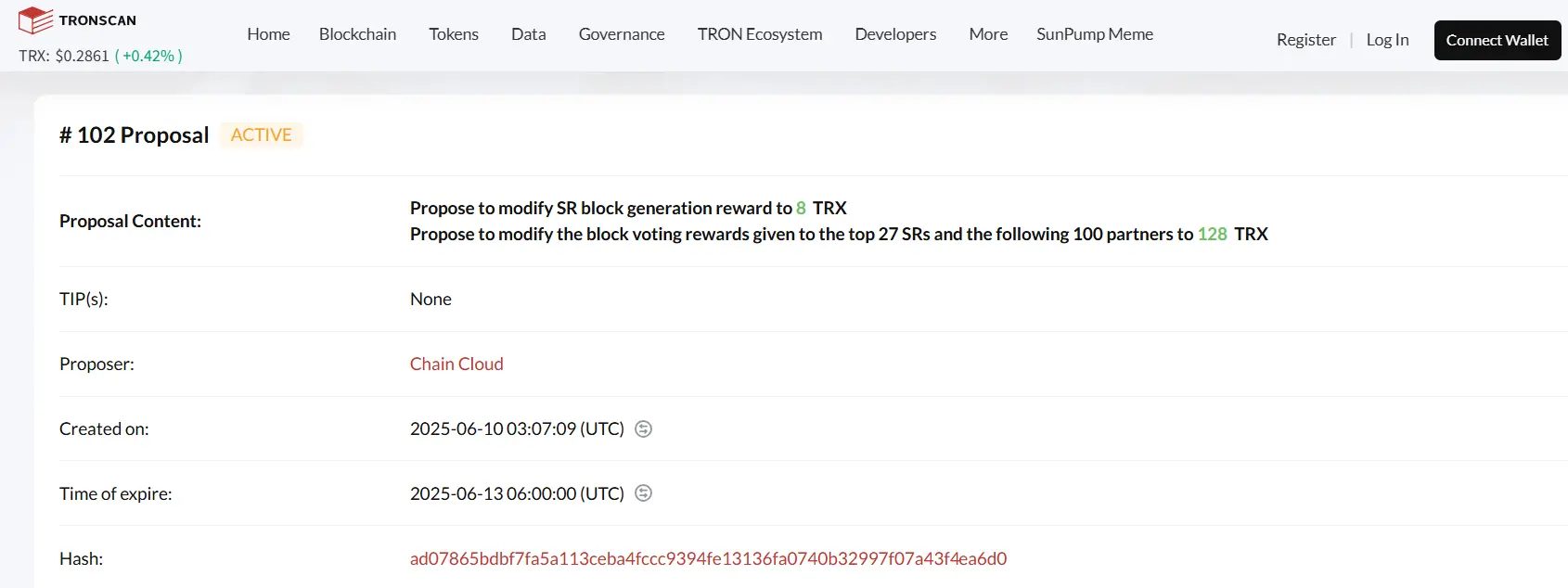 TRON 主网 TRX 减产提案正式开启投票，TRX 年化通缩率拟升至 1.29%