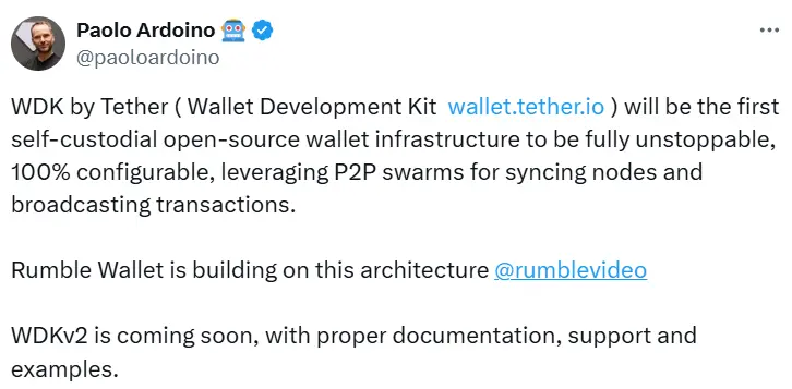Tether CEO：WDKv2 版本即将发布