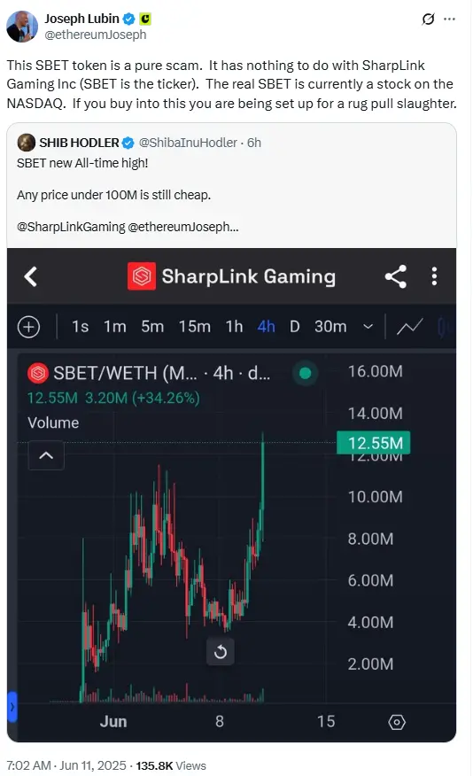 以太坊聯創：SBET 代幣是個騙局，與 SharpLink Gaming 毫無關聯